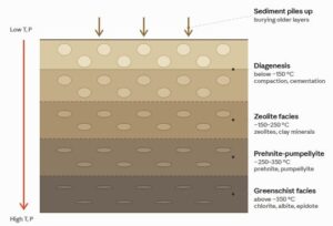 Heat and weight come from burial alone, so grains flatten with depth.No shearing: the rock stays unfoliated and the layering is preserved.